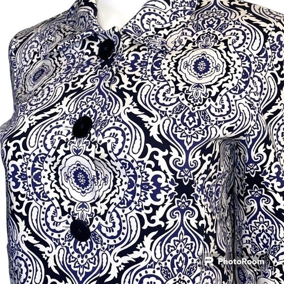 Jones New York Signature Stretch Blue White Black Patterned Blazer Size 4 - Picture 4 of 9